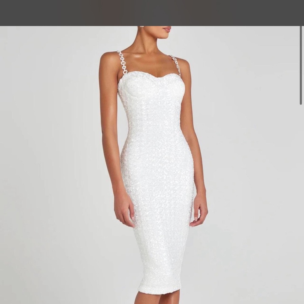 White Beaded Midi Dress with Chain-Strap Detail